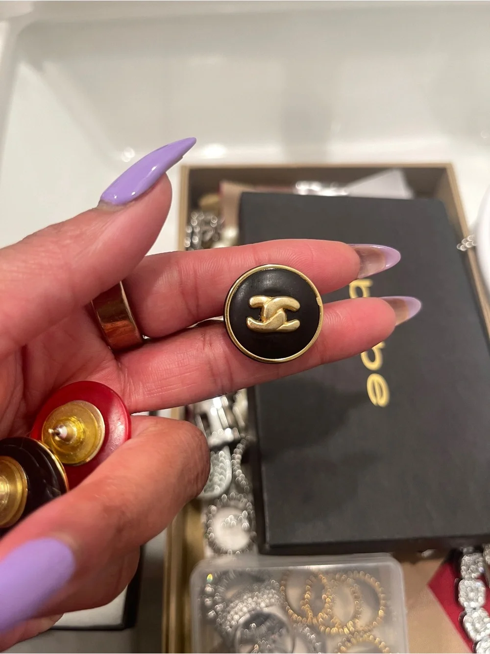 CHANEL Black and Gold Round CC Button up-cycled into earrings